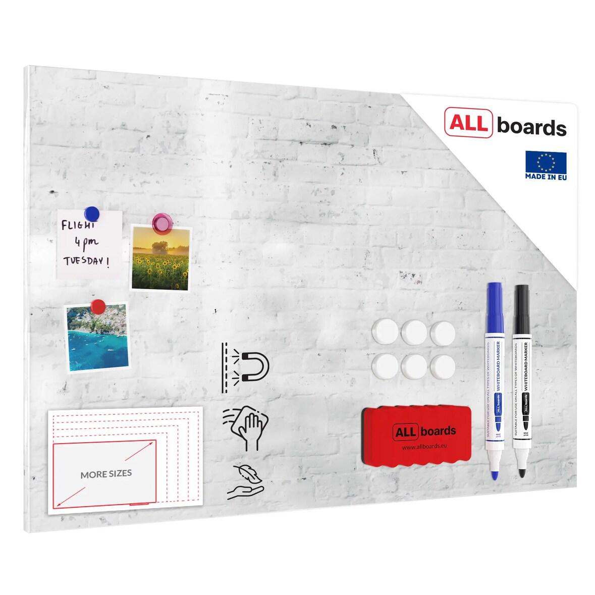 ALLboards Tableau Magnétique en Métal Motif Mur en Brique Blanche 90x60cm, MetalBoards pour tout type d’Aimants