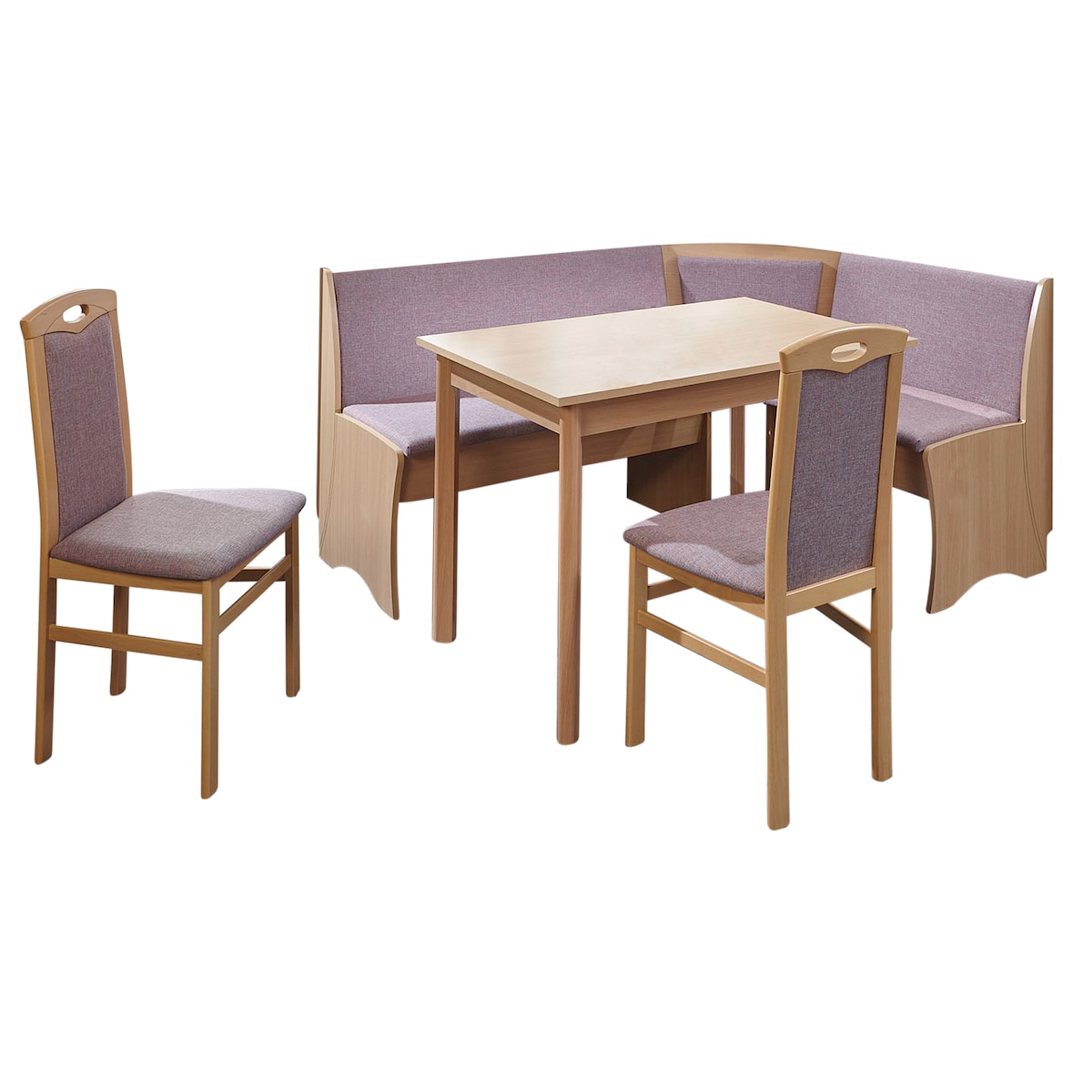 Truhen-Eckbankgruppe, Buche Natur Dekor; Eckbank, 2 Stühle + Vierfußtisch; Flachgewebe rosa