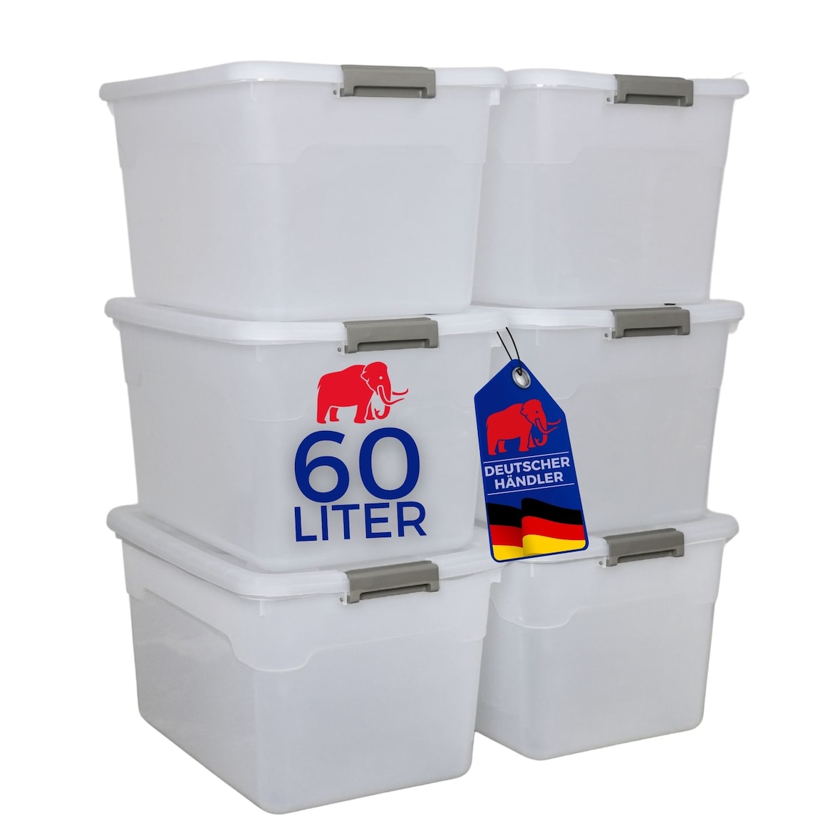 PROREGAL Aufbewahrungsbox mit Deckel 60L 6er Set Extra Groß Rollen transparent stapelbar Kunststoffbox Verschlussclips Stapelbox Aufbewahrungsbehälter