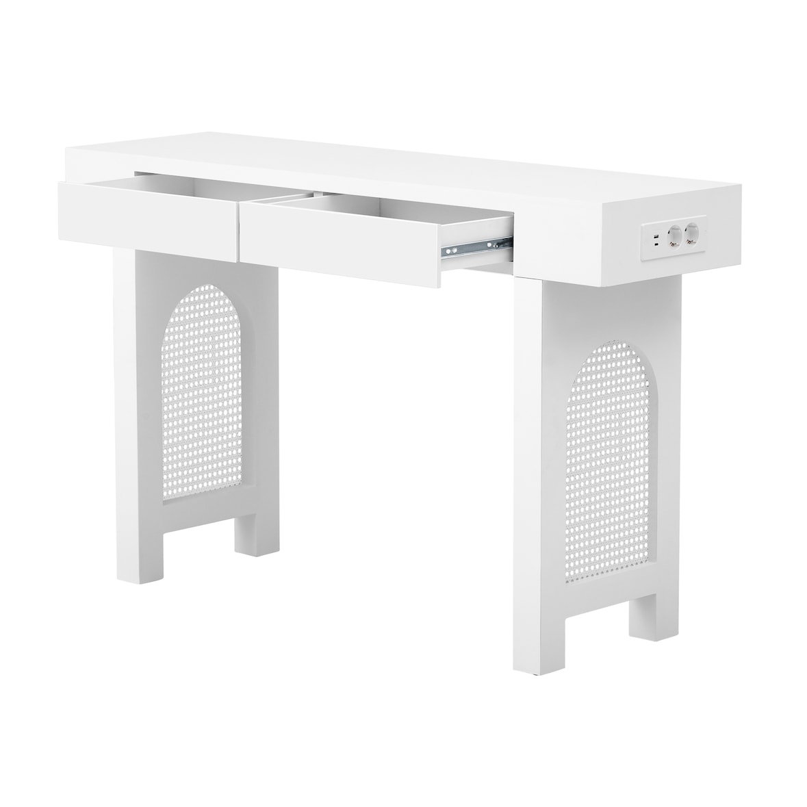 Konsolentisch 120x36x77 cm mit 2 Schubladen und Steckdosenleiste mit USB- und Type-C-Anschlüssen Weiß MDF, skandinavisch