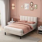 thumbnail of Polsterbett 140x190 cm mit Sherpa-Stoff, Lattenrost, Eisenfüßen, modernes Design für gemütliches Schlafzimmer, stabil und komfortabel, Beige