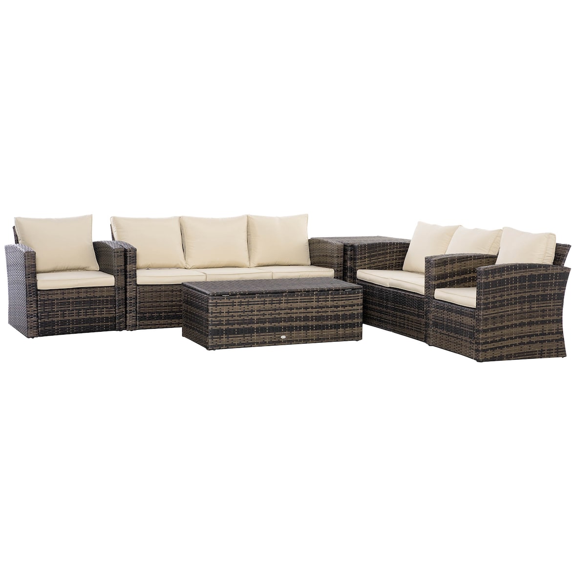 Outsunny Conjunto de Muebles de Jardín de Ratán 6 Piezas Sofá Doble Sofá de 3 Plazas 2 Sillones Individuales 2 Mesas Auxiliares con Almacenamiento
