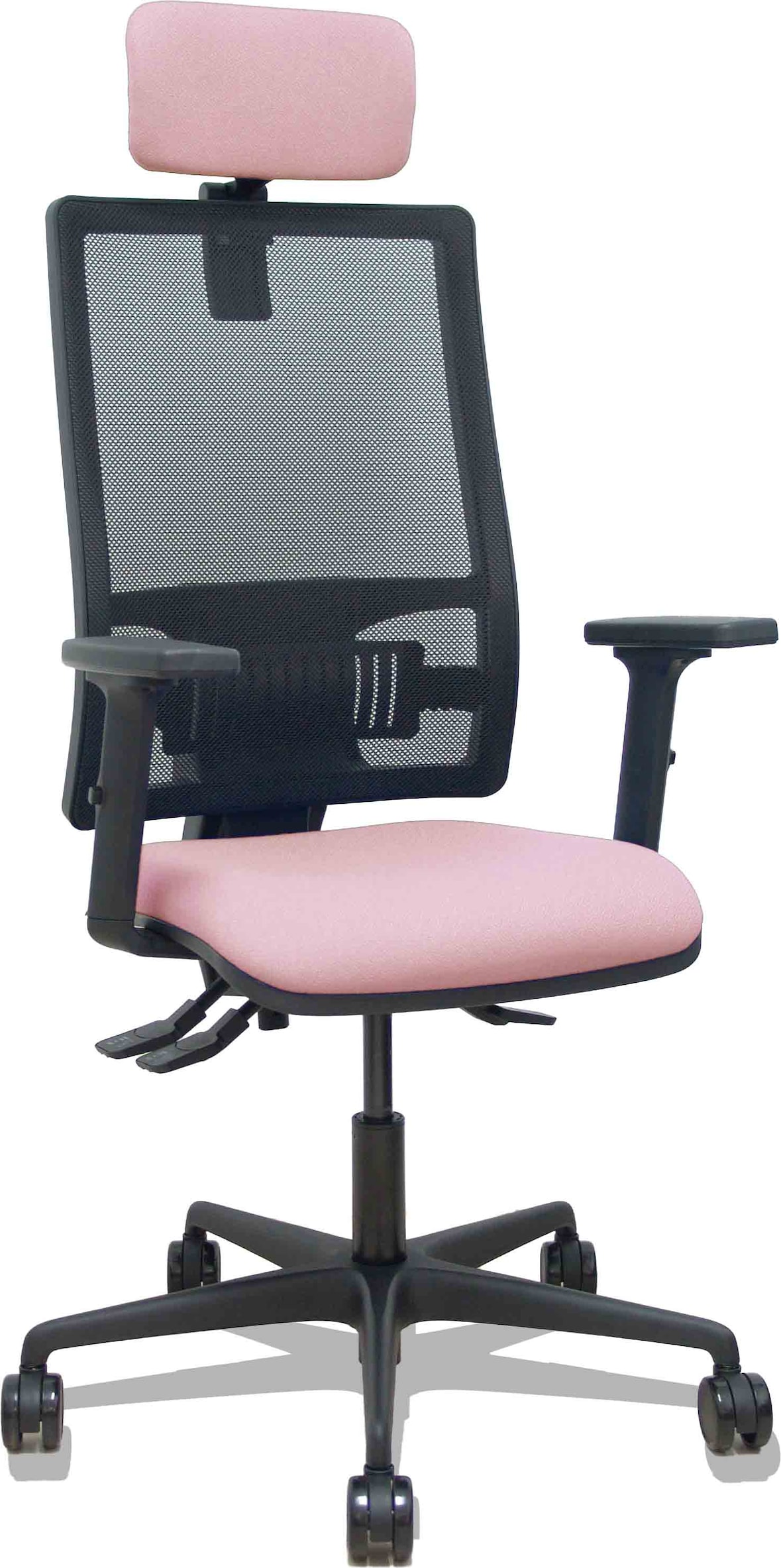 Silla Bormate asincro malla negra asiento bali rosa brazos 2D ruedas 65mm cabecero regulable