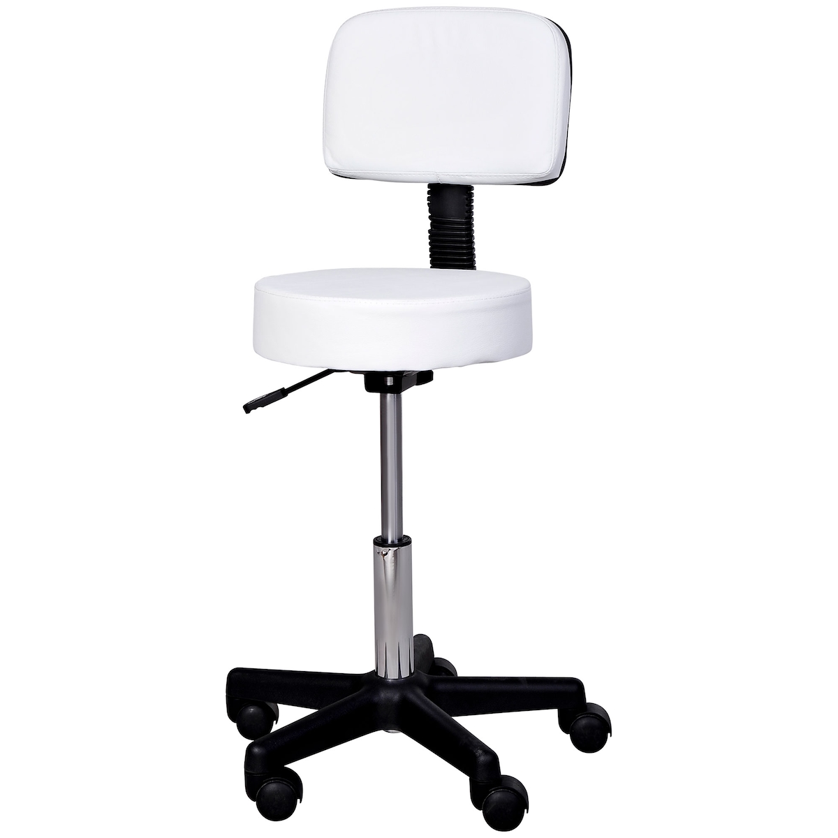 OKWISH Arbeitshocker Rollhocker Drehhocker Weiß 84x35x35 cm höhenverstellbar mit Rückenlehne 360 Grad Rollen Komfortpolster für Studio Praxis und