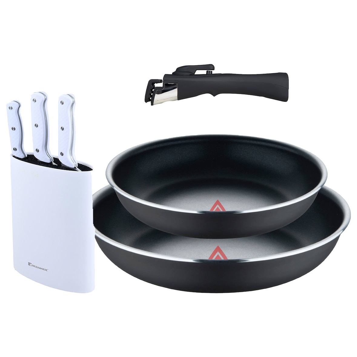 BERGNER - Set aus 2 Pfannen Ø22/26 cm gepresstes Aluminium Schwarz mit abnehmbarem Griff mit Set aus 3 Messern mit Tacoma Edelstahl