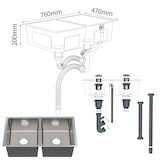 thumbnail of Gasfrit - Keukenspoelbak met 2 bakken, met sifon, voor werkblad van roestvrij staal kleur grijs, één spoelbak, 760 x 470 x 200 mm
