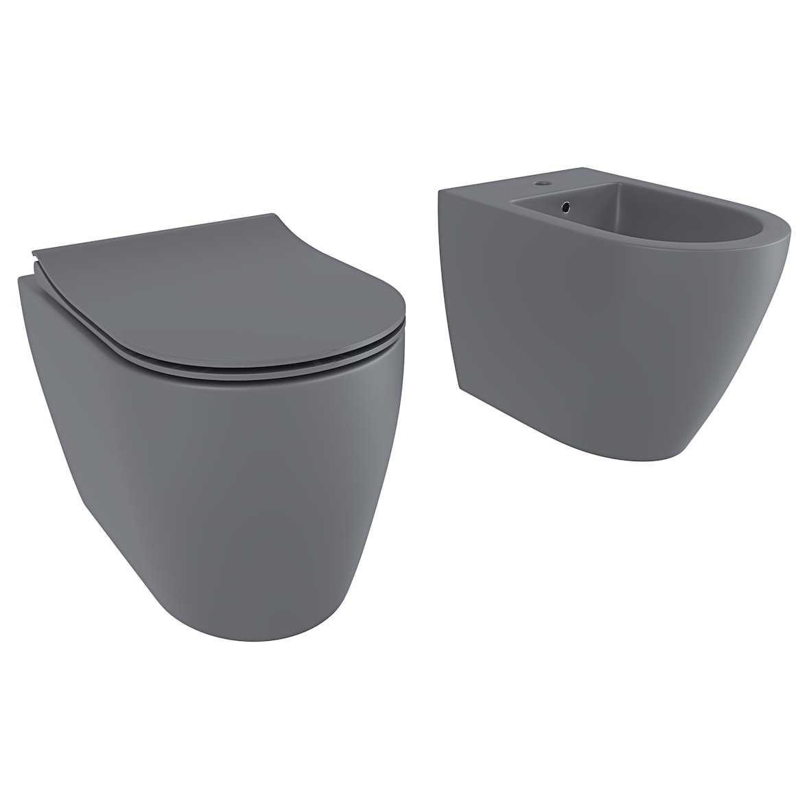 Coppia Sanitari Filomuro Filo Muro Filo Parete Vaso WC E Bidet Design Moderno In Ceramica Con Copriwater Chiusura Soft Close Rallentata Grigio Opaco