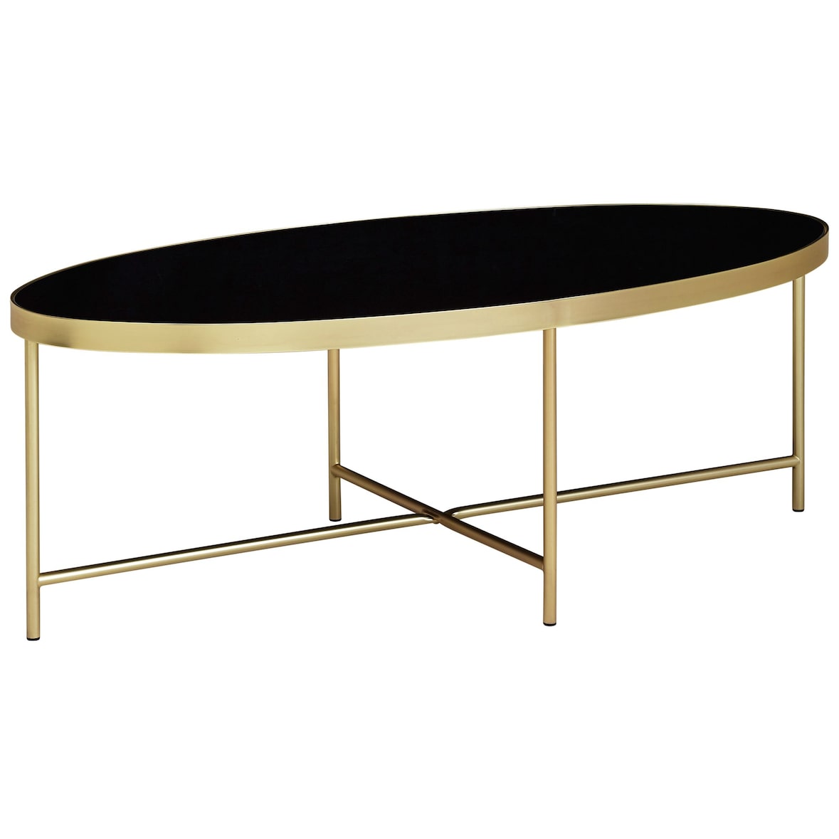 Design Couchtisch Glas Schwarz - Oval 110 x 56 cm mit Gold Metallgestell, Großer Wohnzimmertisch, Lounge Tisch