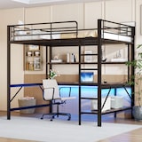 thumbnail of Hochbett 140x200 mit Geländer, Trittleiter, Schreibtisch, Regalen, LED-Beleuchtung, USB und Steckdose, Metallrahmen, funktionales Loftbett Schwarz