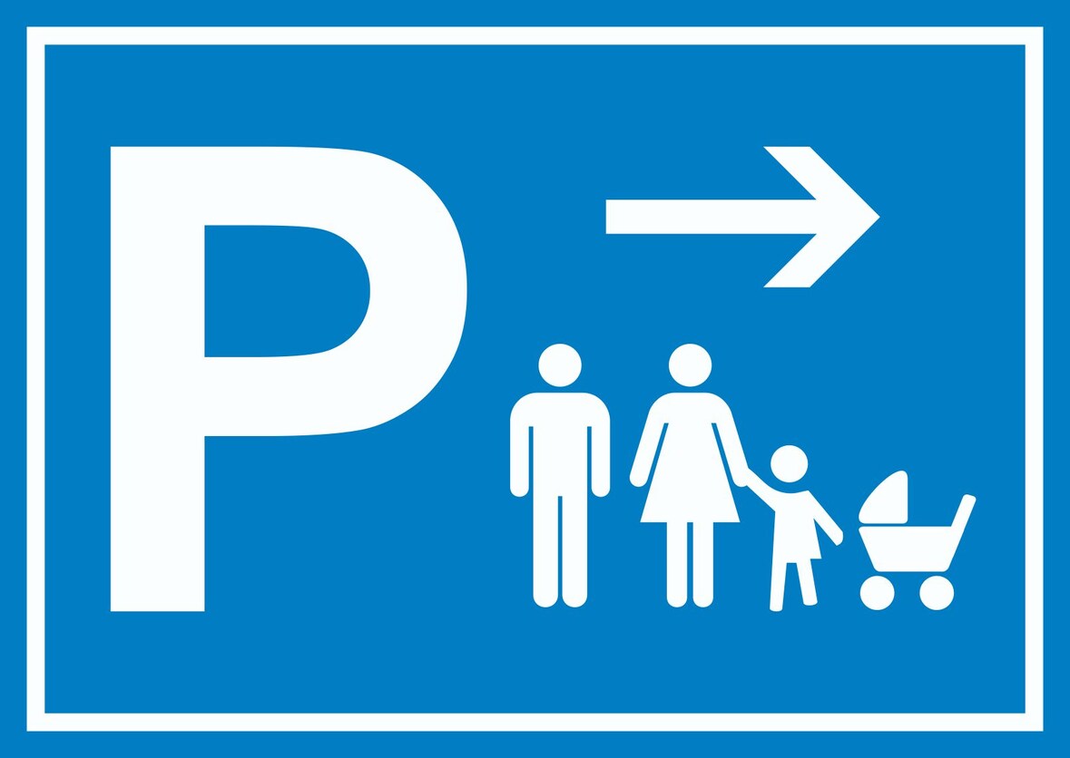 Eltern Kinderwagen Parkplatz Schild mit Richtungspfeil rechts waagerecht A2 Rückseite selbstklebend