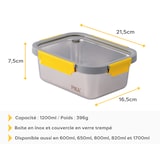 thumbnail of PIKA - Boite alimentaire 1200ml en inox et couvercle en verre trempé – Hermétique et légère – Compatible micro-ondes, four, congélateur – MetalShock