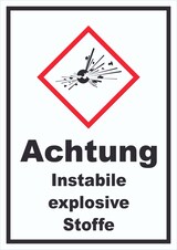 thumbnail of Schild Instabile explosive Stoffe Explosion hochkant A4 Rückseite selbstklebend