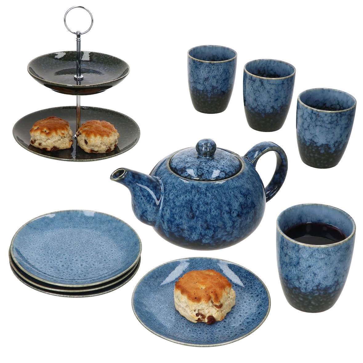 10tlg Teeset  SCONES BLAU aus Steingut 1x Etagere, 1x Kanne, 4x Becher & 4x Teller - 24303276