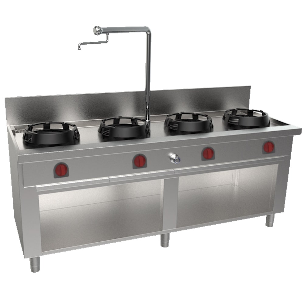 EURAST - Wok refrigerato con 4 fuochi a gas su supporto, 1 colonna d'acqua - 2000x700x850 mm - 70 Kw - 32207CK5