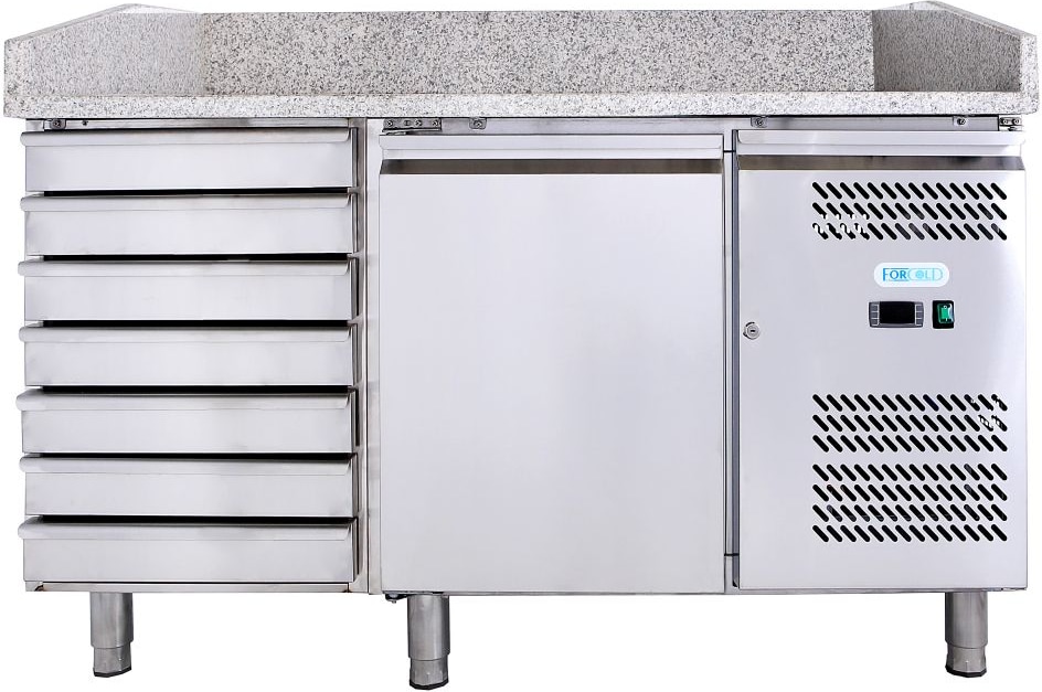 Pizzatheke 1 Tür + 7 Schubladen. Platte aus Granit. Automatische Abtauung. Temperatur - 2°C/+8°C. Abmessungen (BxTxH) 151x80x100 cm. G-PZ1610TN-FC