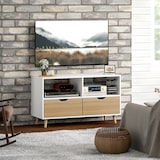 thumbnail of TV Lowboard 99x39x58 cm mit 2 Schubladen und offenen Fächern Kabelmanagement Spanplatte Weiß für Wohnzimmer modern
