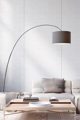 Ein moderner Bogenlampenschirm über einem Sofa.