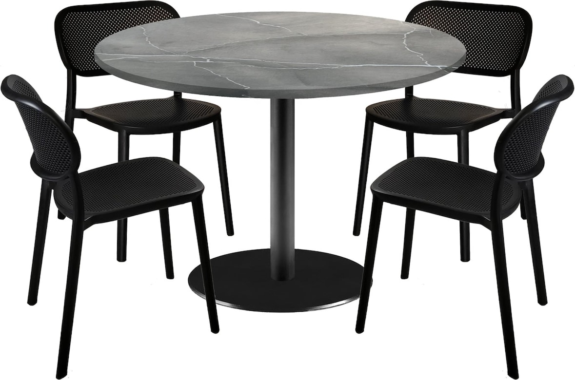 RestooTab - XL-Tisch Rome Ø120cm mit 4 Stühlen - Tischsäule schwarze Tischplatte blauer Mond