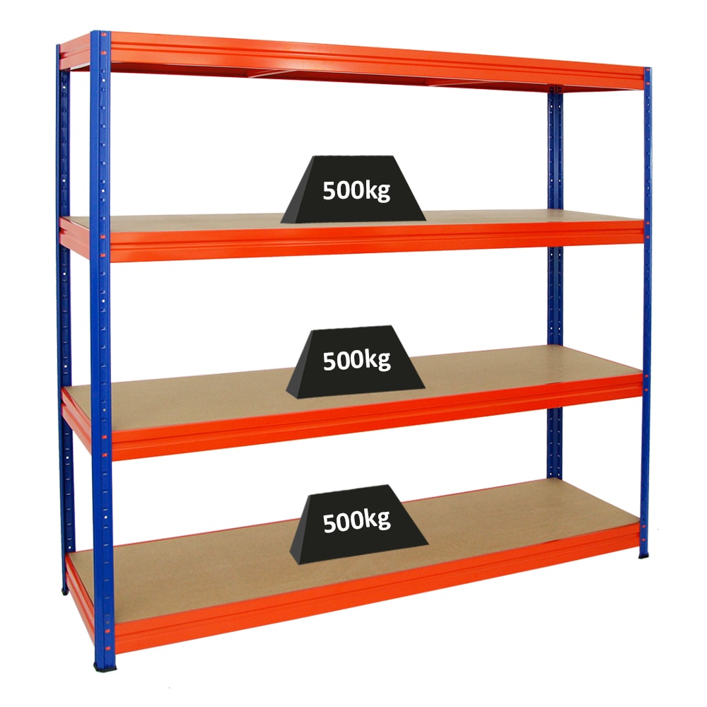 PROREGAL Étagère charge lourde DINO, HxLxP 180x200x60cm, 500kg par niveau, Bleu & Orange, Étagère robuste de Garage, Atelier