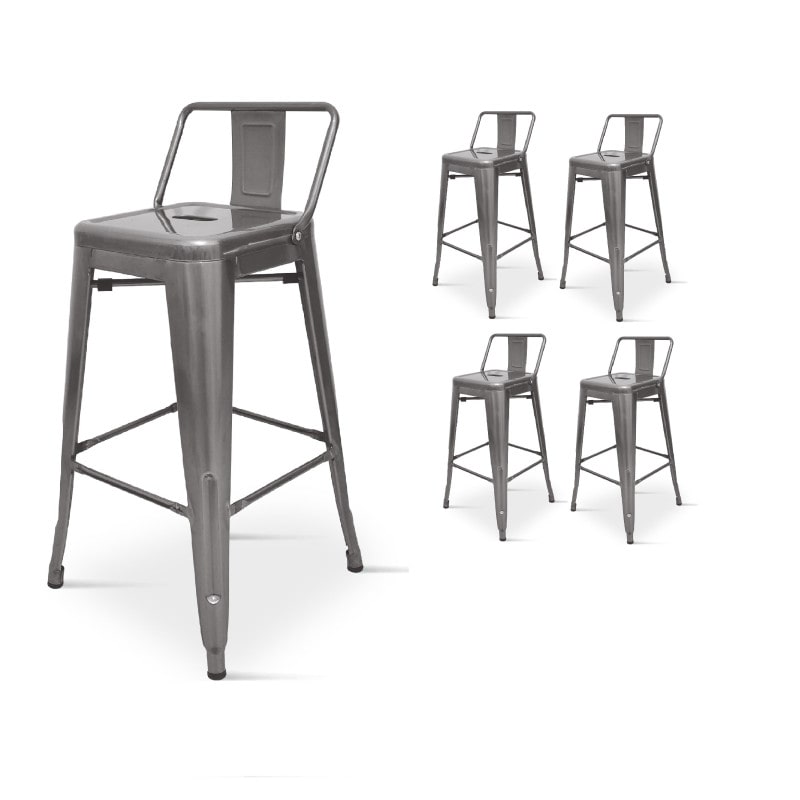 Lot de 4 tabourets de bar en métal brut aspect galvanisé style industriel - Avec dossier - Hauteur 76 cm