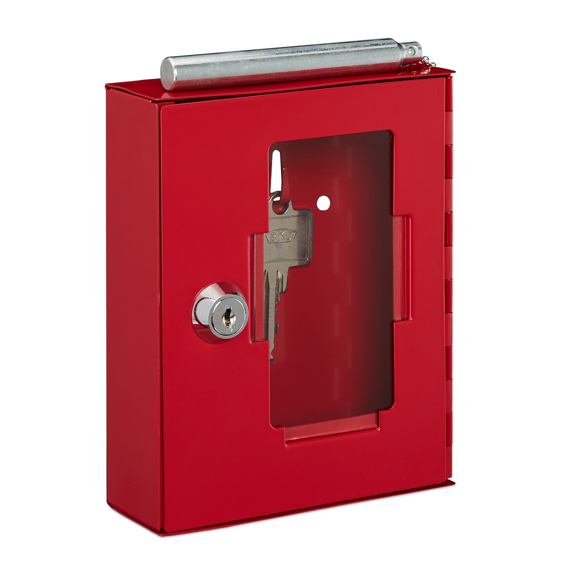 Relaxdays Notschlüsselkasten 2er Set, mit Glasscheibe, Hammer & Schlüssel, abschließbar, Metall, Notschlüsselbox, rot