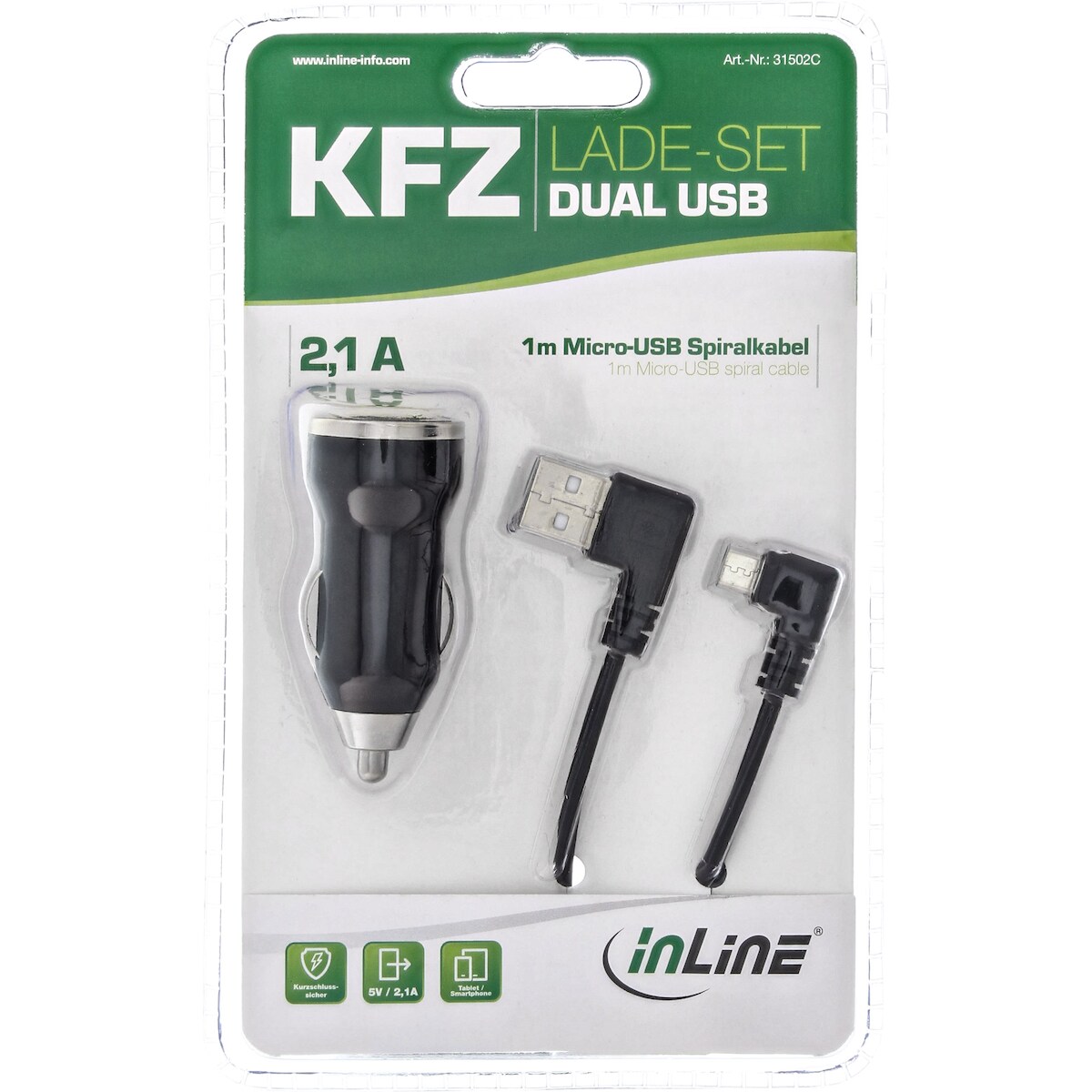 InLine® 31502C USB DUAL+ KFZ-Ladeset, Stromadapter mit 1m Spiralkabel, 12/24VDC zu 5V DC/2.1A