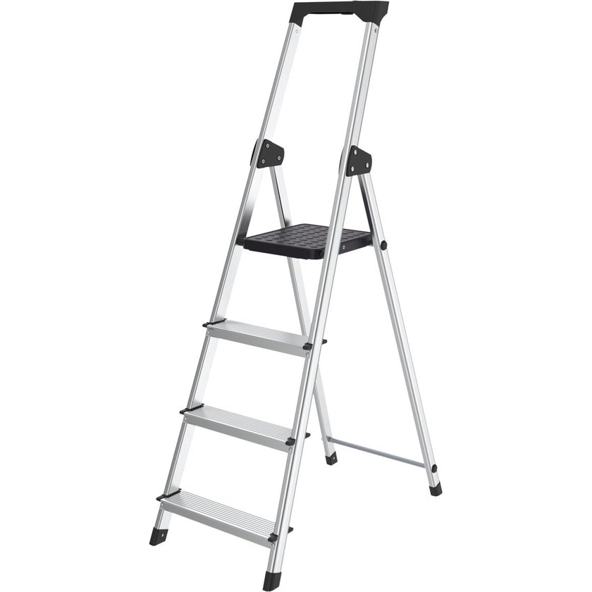 BRASQ Huishoudtrap 4 -treden Zilver - keukentrap inklapbaar aluminium voor Particulier en professioneel gebruik - Trap Ladder - Anti slip