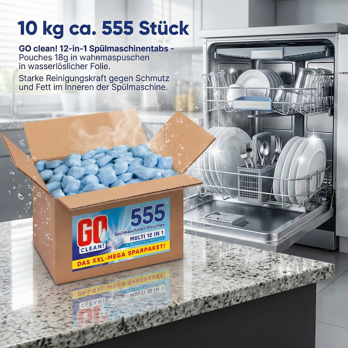 10 kg ca. 555 Sück GO clean! 12-in-1 Spülmaschinentabs - Pouches 18g in wasserlöslicher Folie. Starke Reinigungskraft gegen Schmutz und Fett.