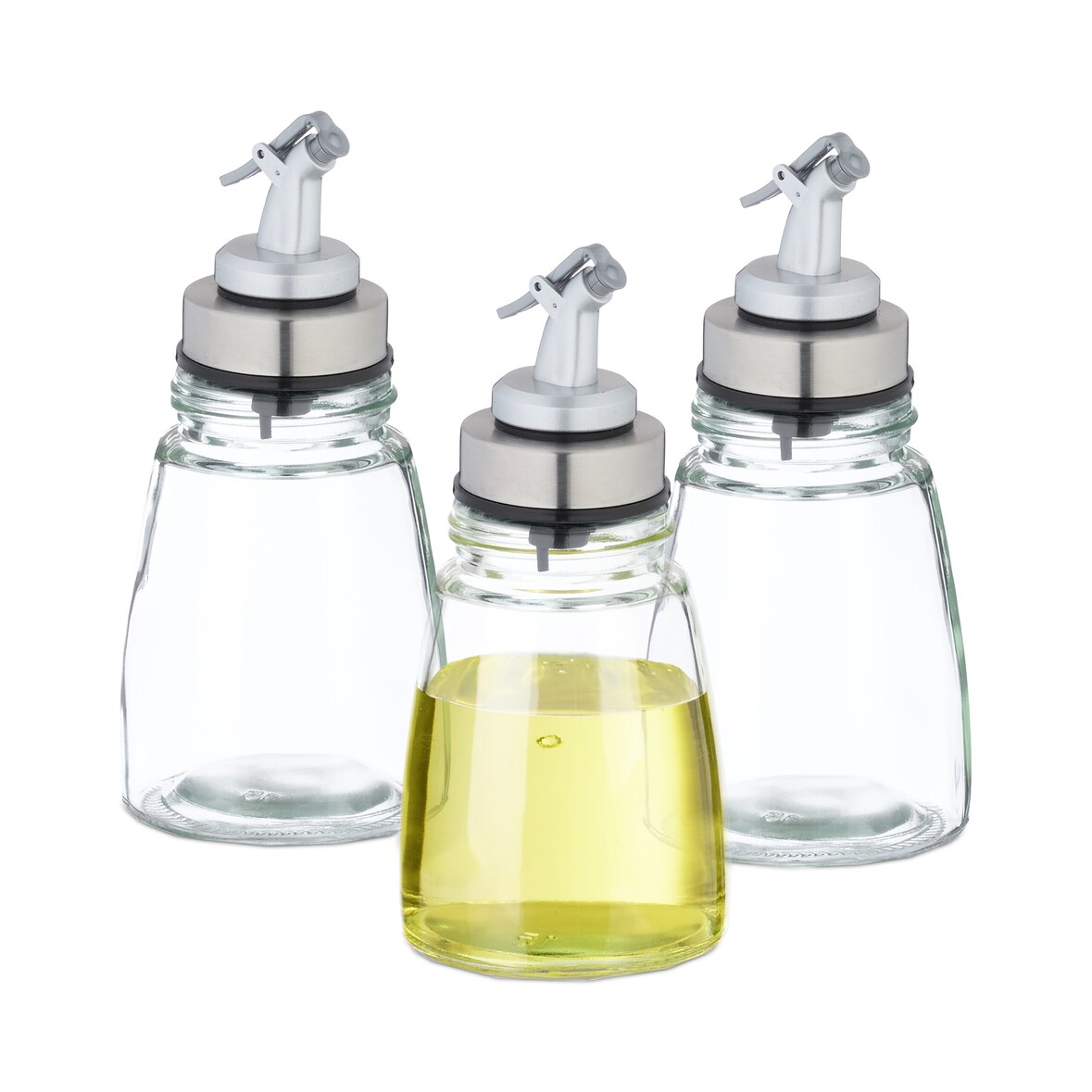 Relaxdays Ölflasche, 3er Set, Abfüllflasche luftdicht, Dosierflasche tropffrei, Glasflasche nachfüllbar, transparent
