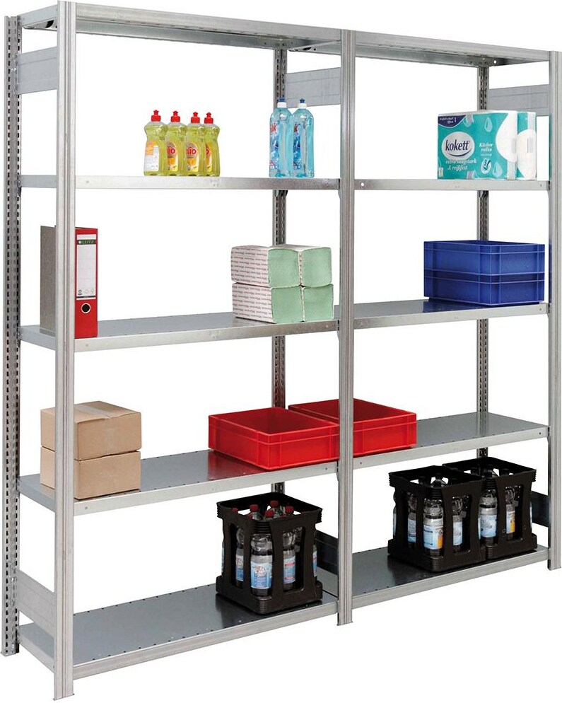 PROREGAL Fachbodenregal FALKE | Light-Duty | Grundregal | HxBxT 200x100x50cm | 5 Ebenen | Fachlast 150kg | Beidseitig nutzbar | Verzinkt