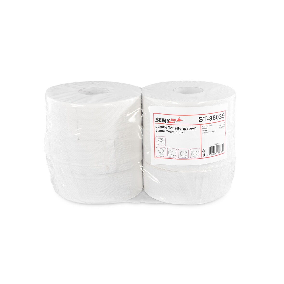 SemyTop Jumbo Toilettenpapier 6 Rollen, 2-lagig, Recycling, geprägt, rec. weiß, Ø25cm