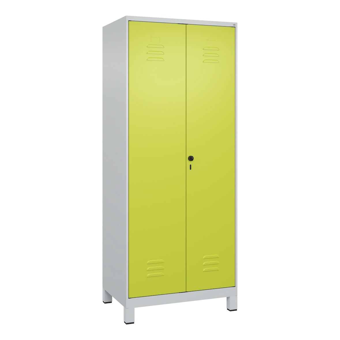 C+P Aufbewahrungs Doppel-Spind Classic PLUS, Füßen, 2 Abteile, HxBxT 195x80x50cm, Sicherheitsdrehriegel, Hellgrau/Clowngrün von PROREGAL