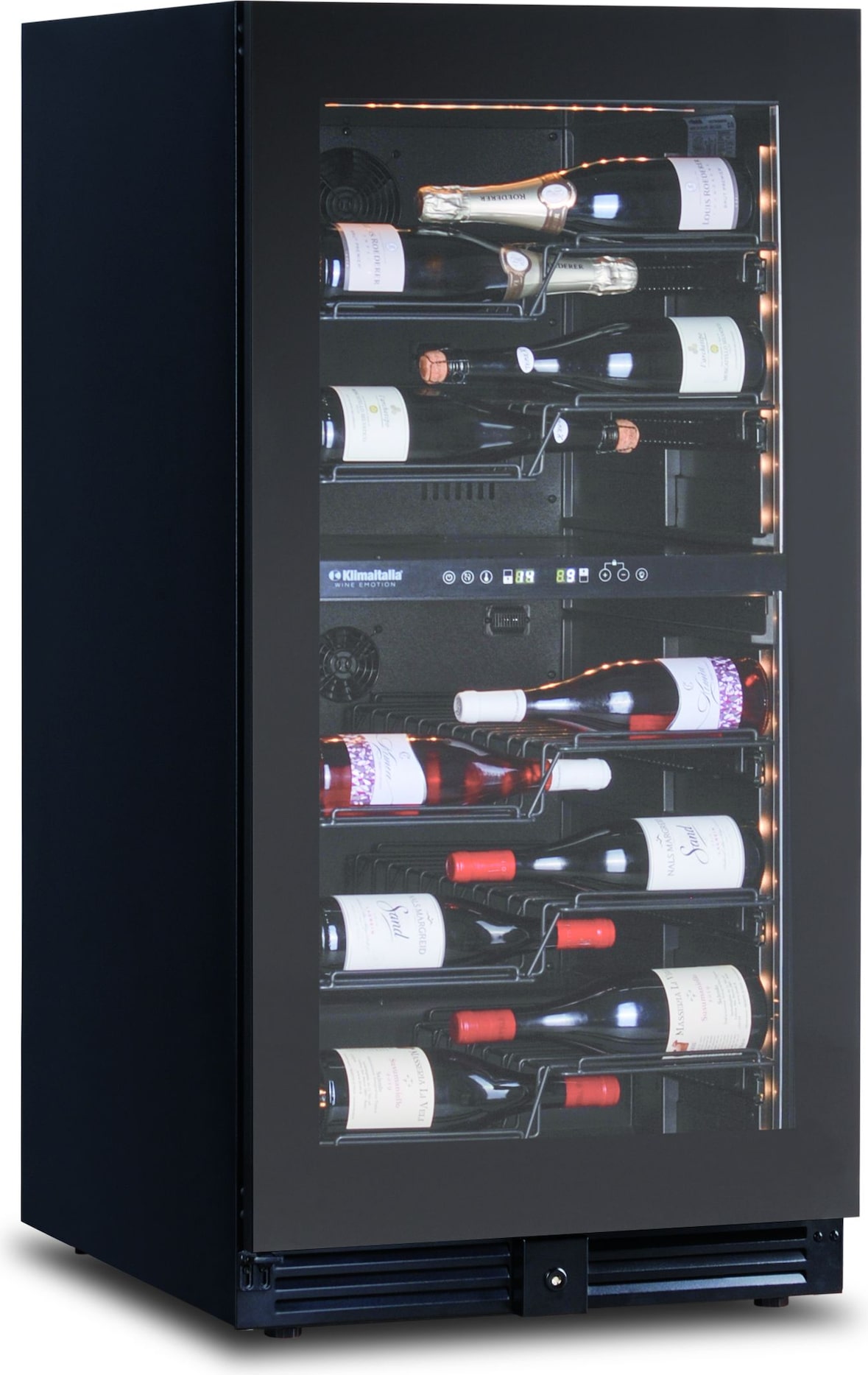 KLIMAITALIA Belüfteter Weinkühlschrank bei 2 T°en. 56 Flaschen. Rauchglastür. LED. Metall-Schubladenregale. Thermo digital. CW120G2TB