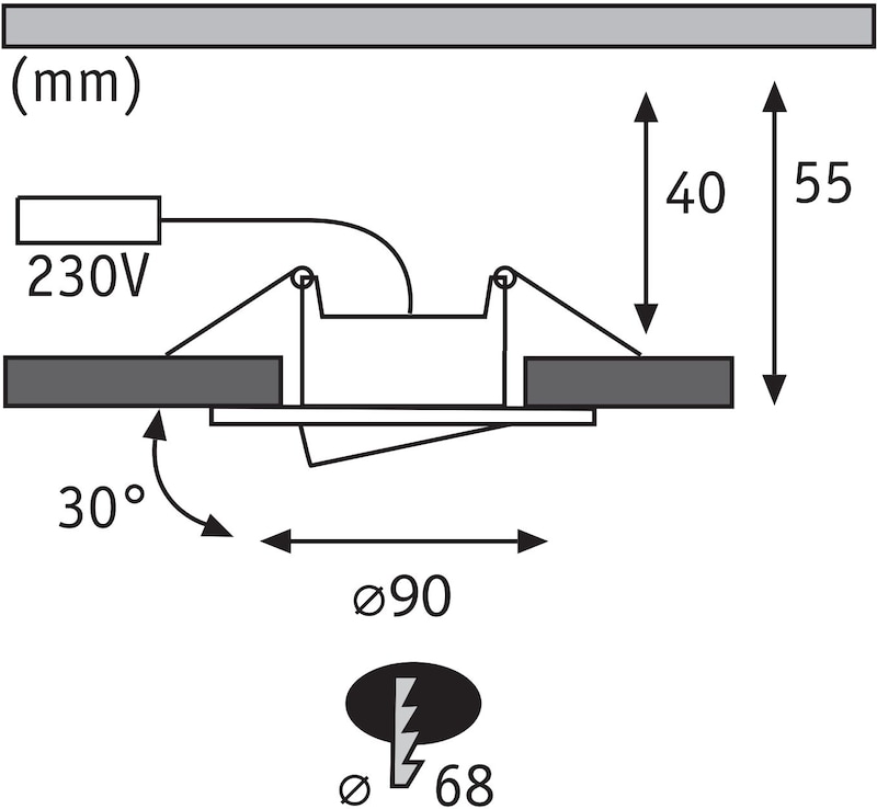 Einbauleuchte mit 90mm Durchmesser und 68mm Ausschnitt.