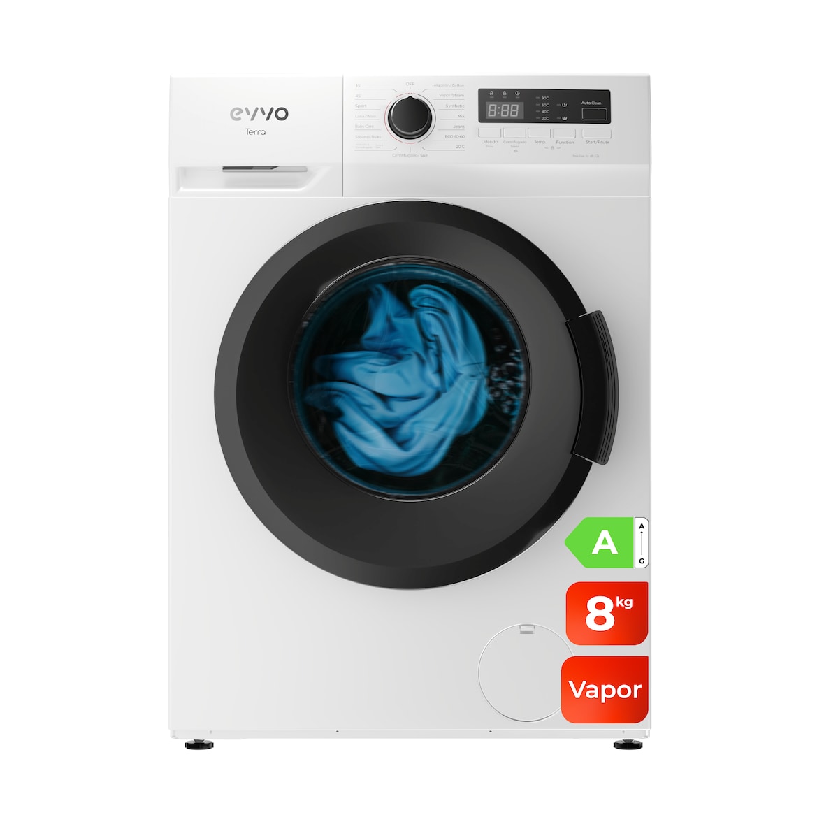 EVVO Lavadora 8 kg carga frontal Terra 8, 1350 rpm, Clase energética A, Motor Inverter, 15 programas,  Blanco
