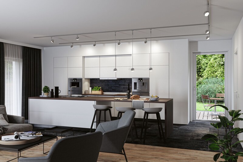 Moderne Küche mit Deckenleuchten und Insel.