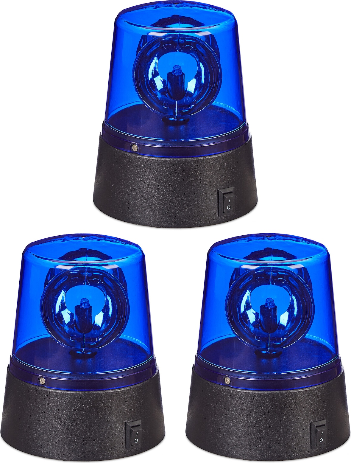 Relaxdays LED Blaulicht, 3er Set, Rundumleuchte mit drehendem Reflektor, Partylicht, Geburtstag, batteriebetrieben, blau