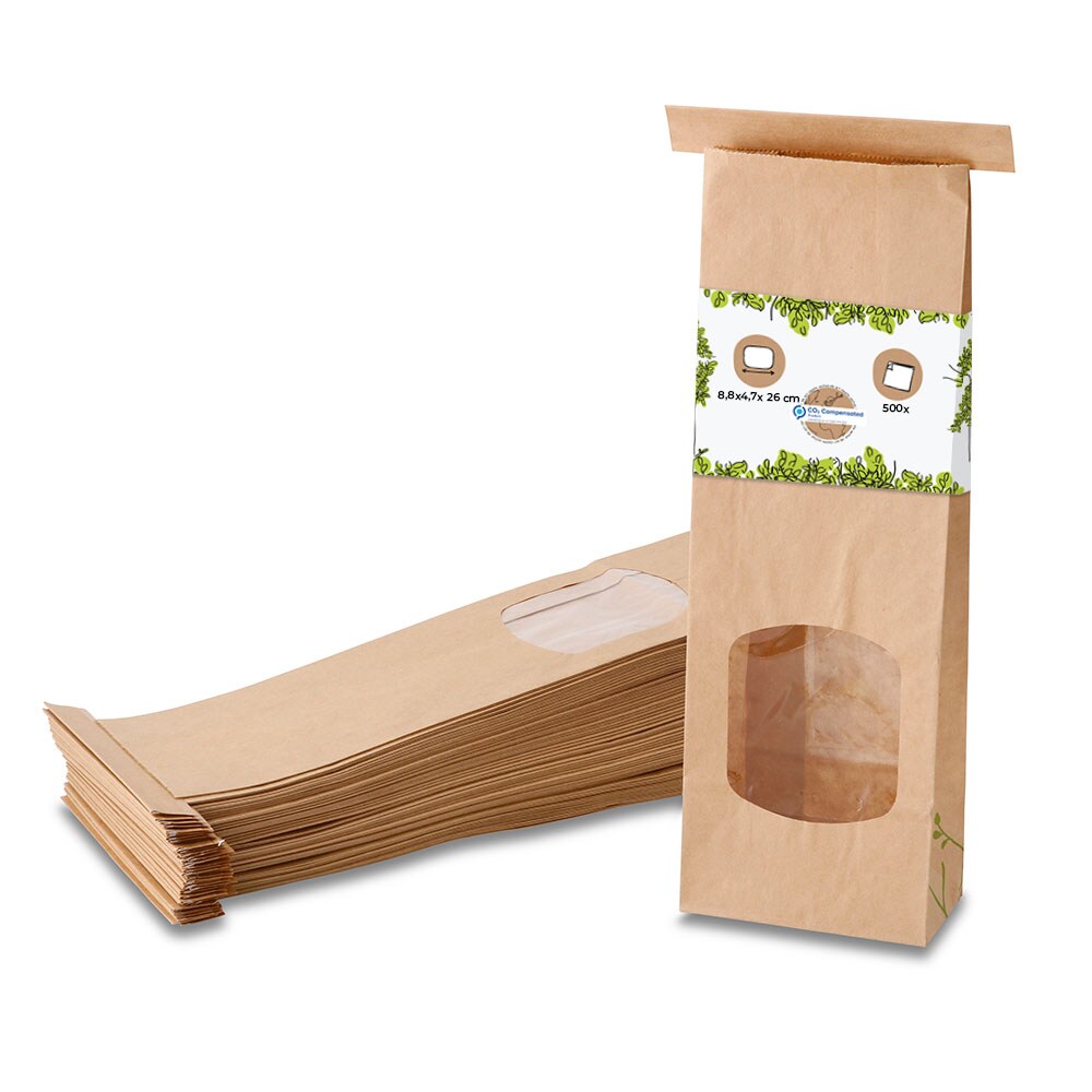 BIOZOYG 500 Stück Kraftpapier-Beutel braun  8,8 x 4,7 x 26 cm, Größe S Blockbodenbeutel, Krafttüten, mit Fenster, mit umweltfreundlichem Verschluss