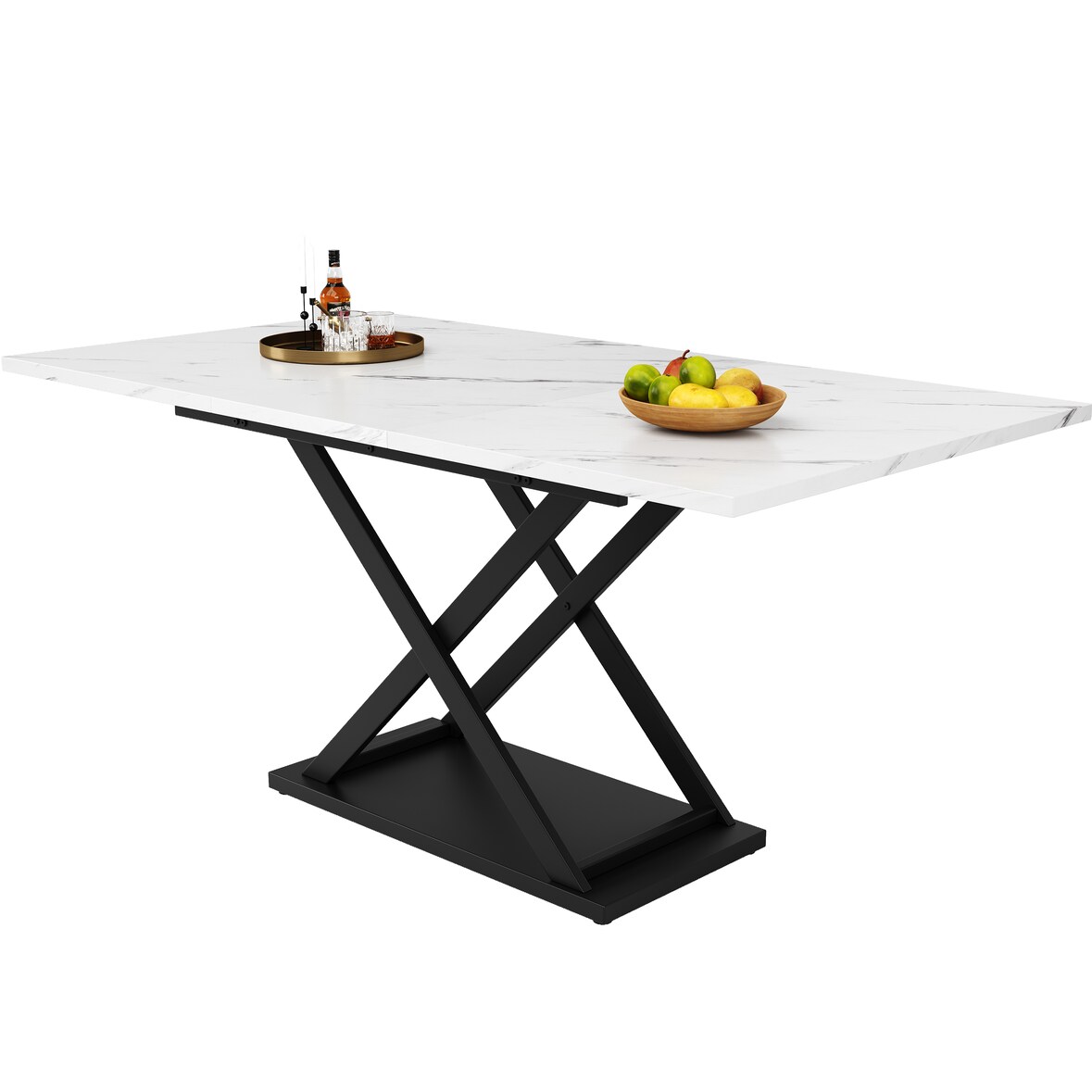 Ausziehbarer Esstisch 160x80x75  Weiß+Schwarz mit marmorierter MDF Platte Teleskopauszug Kreuzgestell aus Metall platzsparend und modern