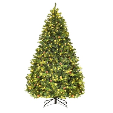 COSTWAY Árvore de Natal artificial 210cm com LED, sistema dobrável e base metálica, decorada, para Natal.