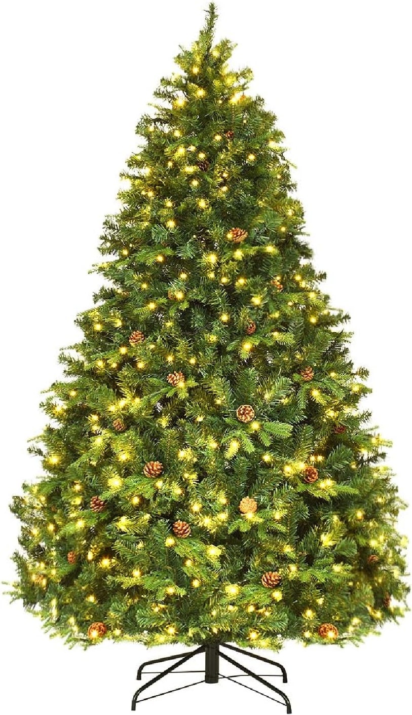 COSTWAY Árvore de Natal artificial 210cm com LED, sistema dobrável e base metálica, decorada, para Natal.