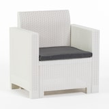 thumbnail of Conjunto de jardín SALINA en resina efecto ratán con cojines desenfundables, compuesto por sofá de dos plazas, dos sillones y mesa contenedor – Blanco