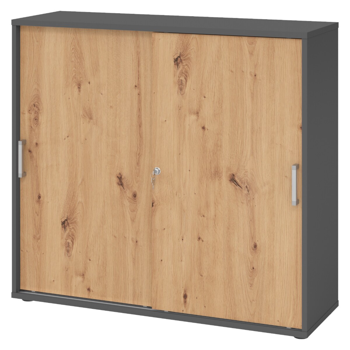 bümö Schiebetürenschrank 3OH - Aktenschrank abschließbar, Sideboard Schrank mit Schiebetüren in Graphit/Asteiche, Chromgriff - Büroschrank aus Holz