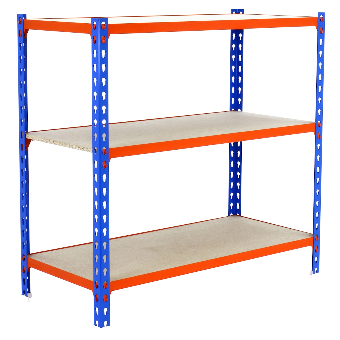 Maderclick schraubenloses Metallregal 3 Böden. Farbe BLAU/ORANGE/HOLZ 900x800x400 mm