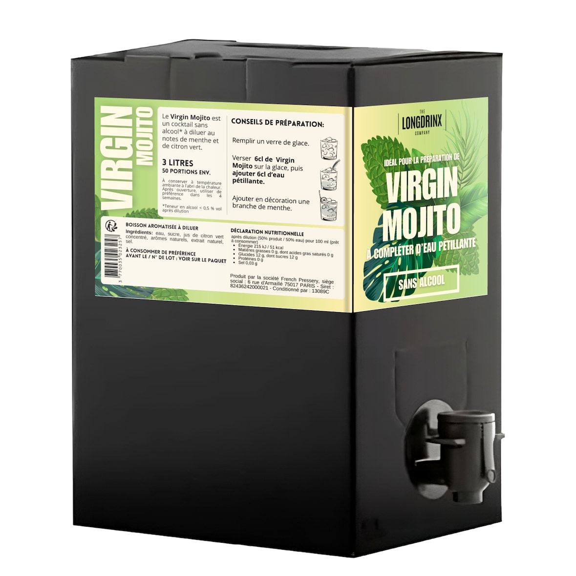 LONGDRINX - Cocktail MOJITO sans alcool à compléter d'eau pétillante - MOJITO MOCKTAILS CUBI 3 litres.
