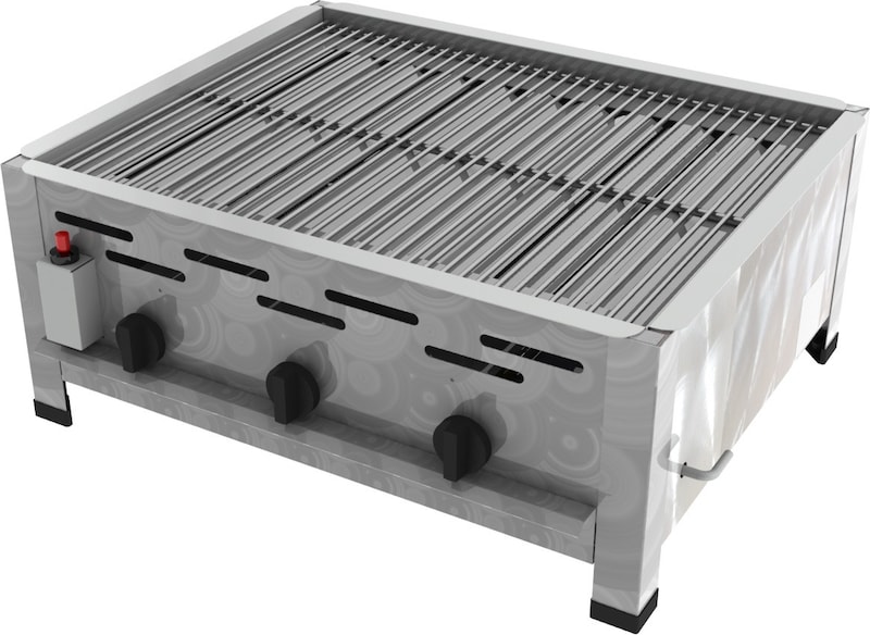 Ein Gasgrill mit drei Knöpfen und einem roten Knopf.