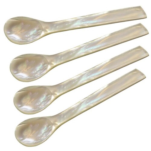 4er-Set Eierlöffel Perlmutt (eckige Enden, Länge 11 cm), Handarbeit, Naturprodukt, Ei & Kaviarlöffel