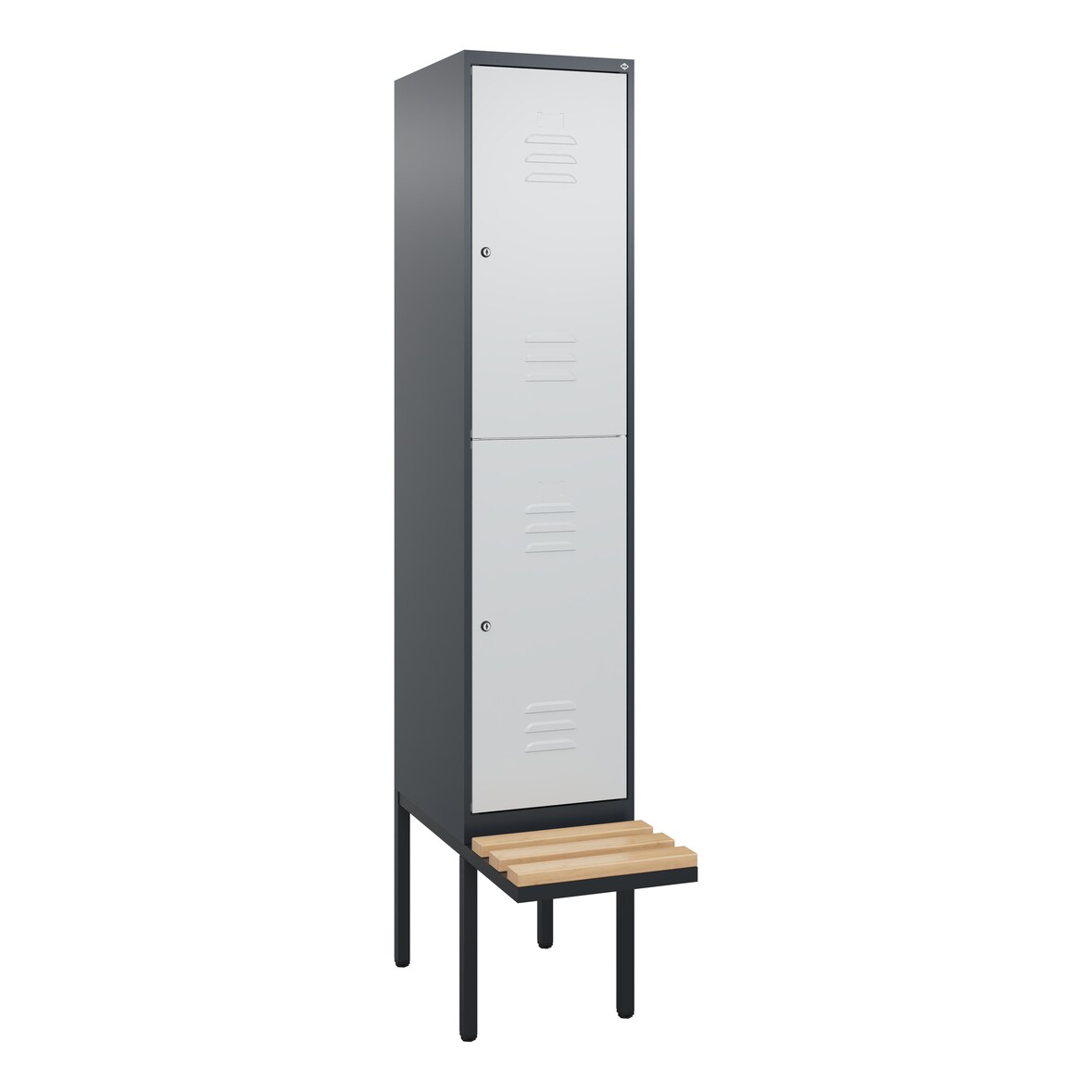 C+P Spind Classic PLUS, Buche schwebende Sitzbank, 2 Abteile, HxBxT 212x40x82cm, Zylinderschloss, Anthrazit/Hellgrau von PROREGAL