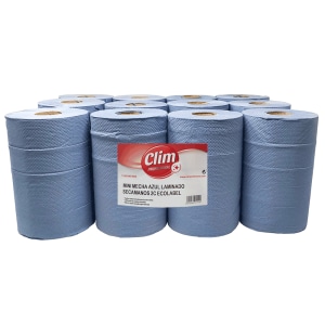Papel secamanos mini mecha azul reciclado 2 capas. Pack 12 uds