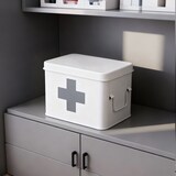 thumbnail of Relaxdays Medizinbox, 4 Fächer, entnehmbarer Einsatz, Hausapotheke Box, Metall, Griffe, HxBxT: 16 x 21 x 15,5 cm, weiß
